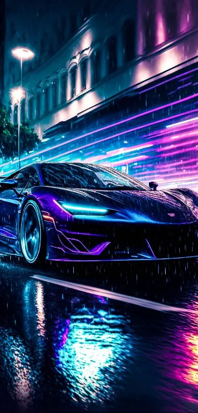 Futuristic neon car racing through a rainy city at night.