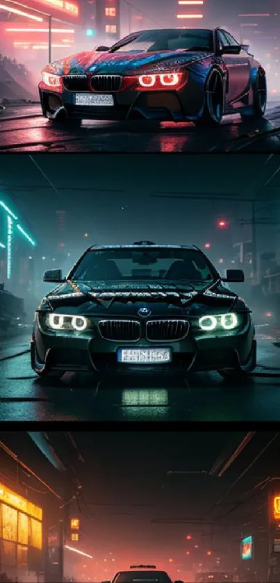 Futuristic car with neon lights on a dark urban street at night.