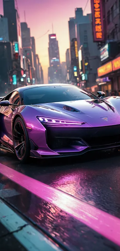 Futuristic purple sports car on neon-lit city street.