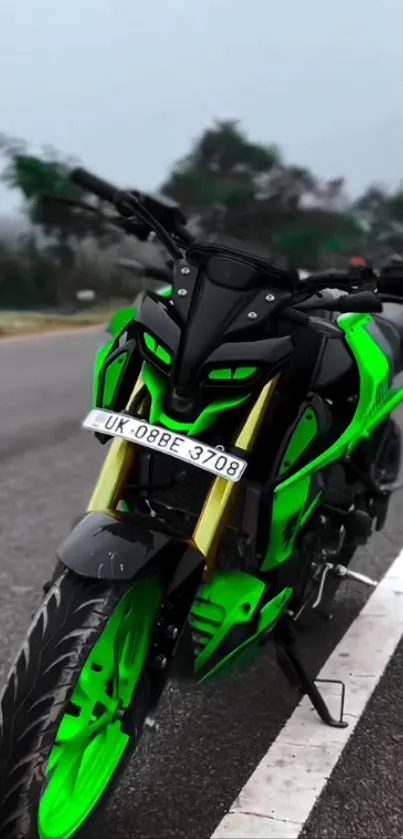 Neon green motorcycle parked on roadside with blurred background