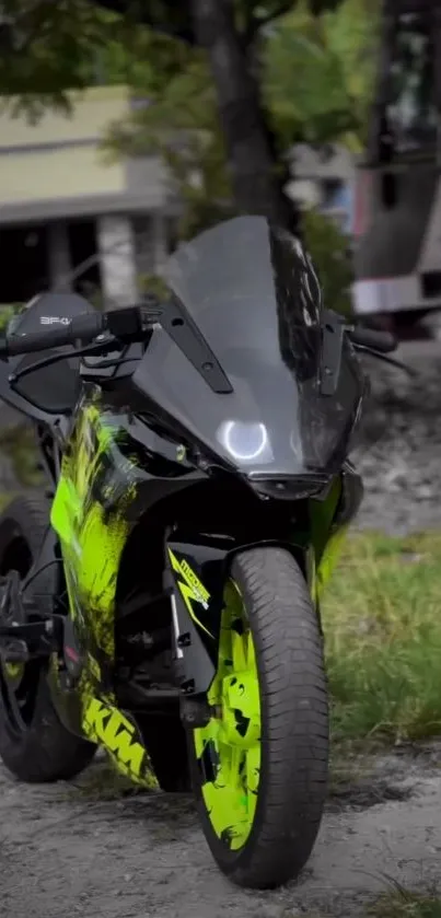 Sleek motorcycle with neon accents on display.