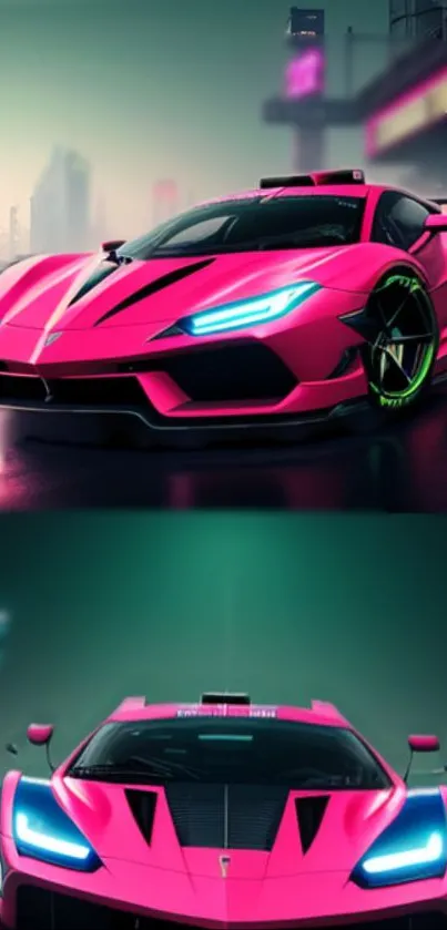 Vibrant neon pink supercar with city lights in the background.