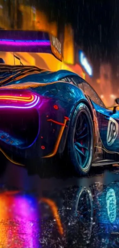 Neon racing car with reflections.