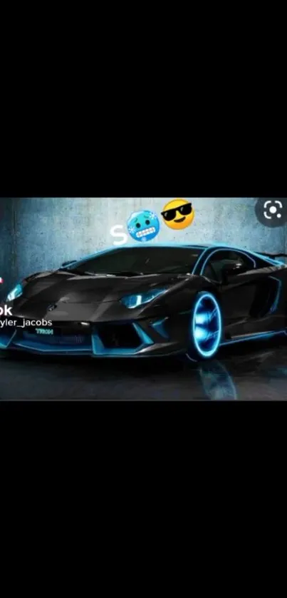Black sports car with neon blue highlights on a dark background.