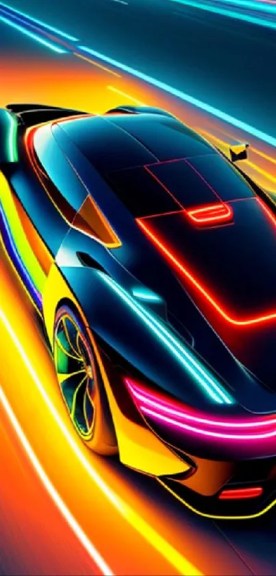 Neon sports car speeding on a futuristic highway.