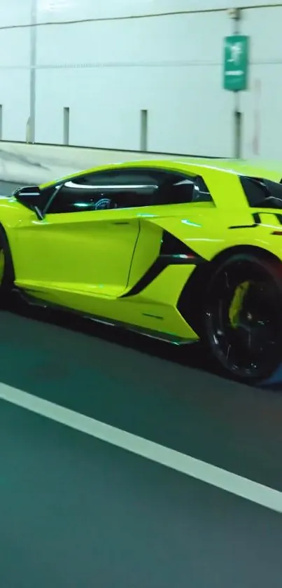 Neon yellow sports car speeding in a tunnel, capturing modern luxury.