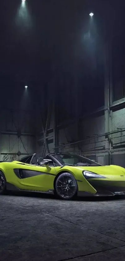 Neon green sports car in urban garage at night.