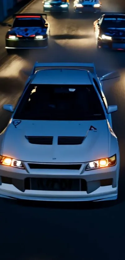 Dynamic night car chase along a dimly lit road.