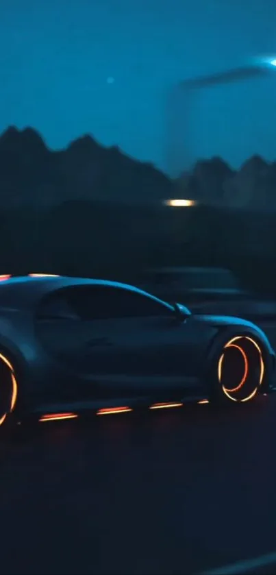 Sleek sports car glowing at night with a dark city backdrop.