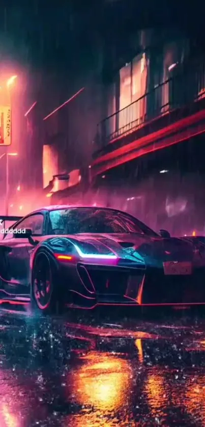 Sleek car in a neon-lit city street at night with rain reflections.