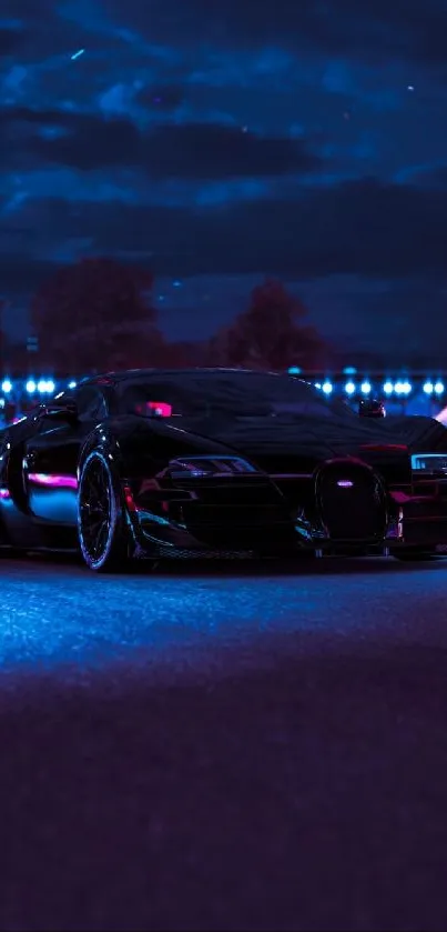 Sleek car under neon lights at night.