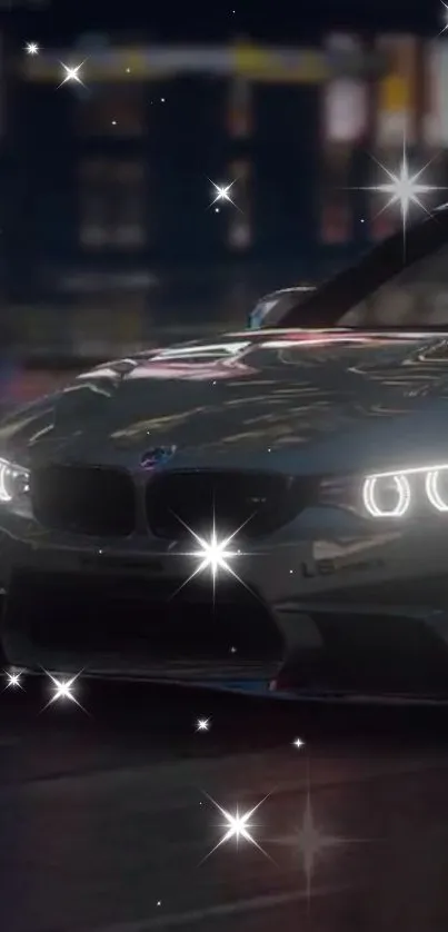 Luxury sports car at night with glowing headlights and urban backdrop.