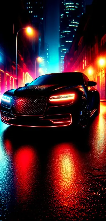 Sleek black car under neon lights in the city.