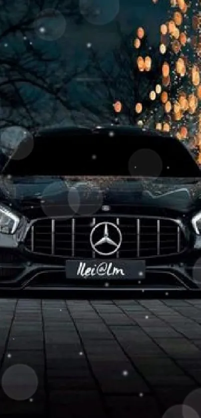Elegant black car with night city lights background.