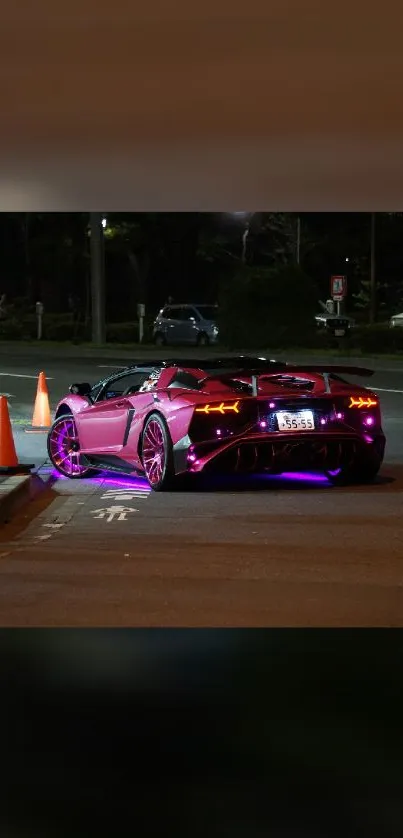 Sleek car with neon lights at night scene.