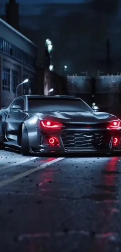 Sleek black car with red lights in an urban night scene.