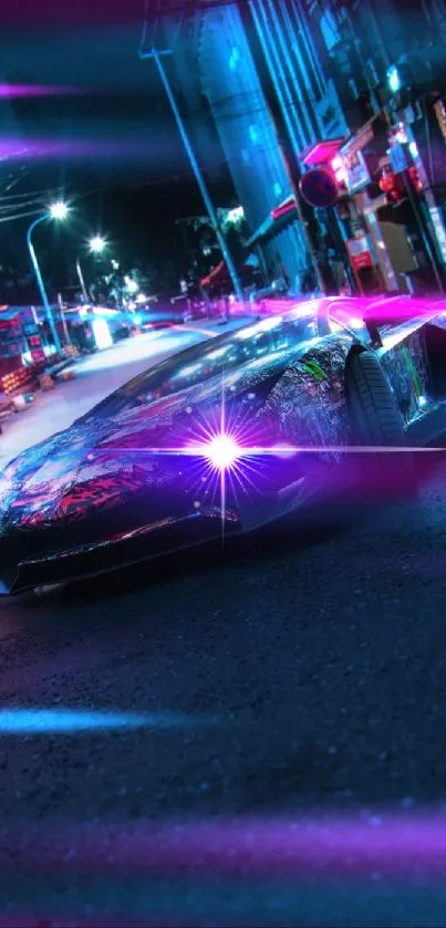 Futuristic sports car in neon-lit city at night.