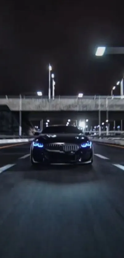 A sleek car speeding on a city highway at night with bright blue headlights.