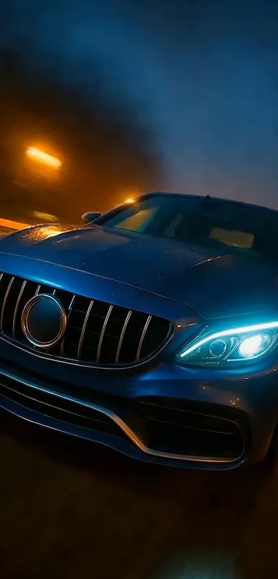 Sleek car driving at night with glowing headlights.
