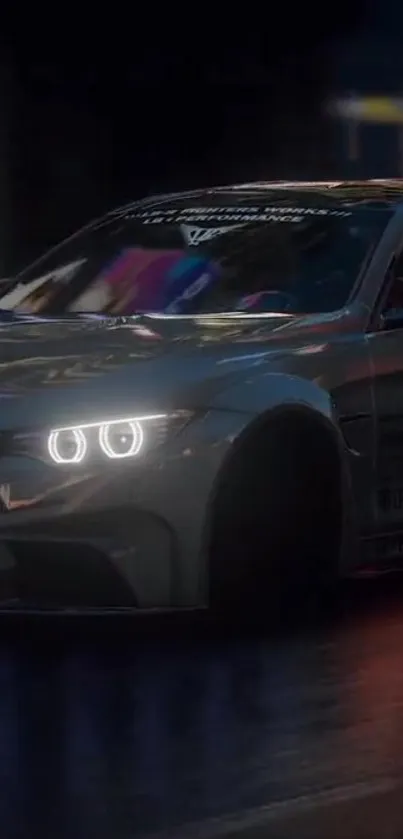 Sleek car driving through a vibrant, reflective cityscape at night.