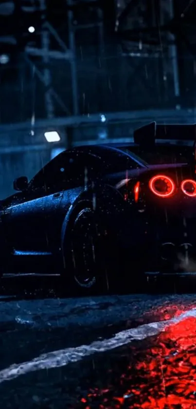 Moody night scene featuring a sleek sports car with illuminated red taillights.