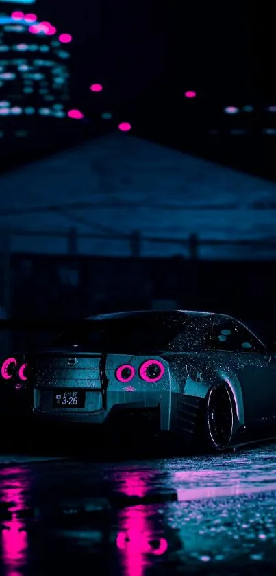 Sports car with neon lights in a nighttime city scene.