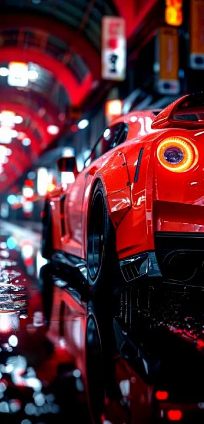 Red sports car on rainy urban street at night.