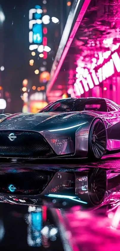 Futuristic car reflecting neon lights on a city street at night.