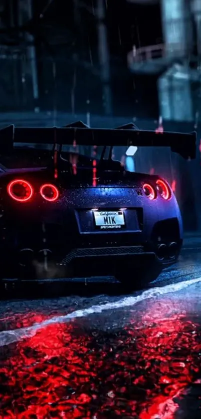 Sleek car with glowing tail lights on a rainy urban street at night.