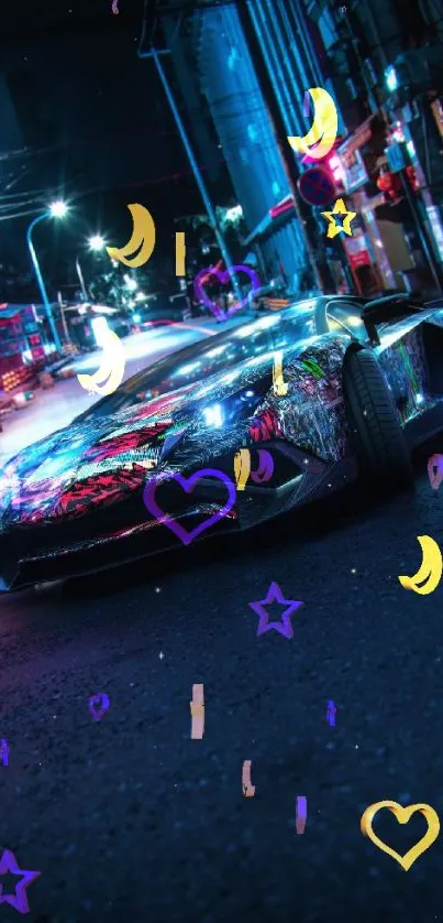 Sleek sports car racing through neon-lit city streets at night.