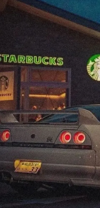 Nighttime view of a sports car in front of Starbucks, city lights glowing.