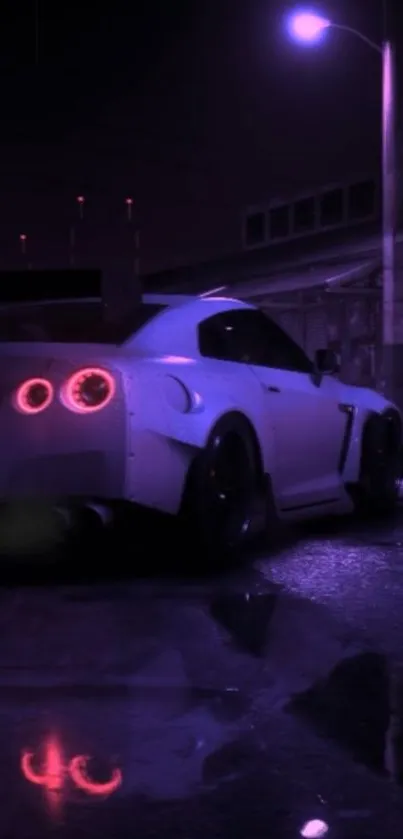 Nighttime car with neon reflections on street