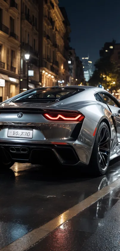 Sleek silver sports car on wet city street at night.