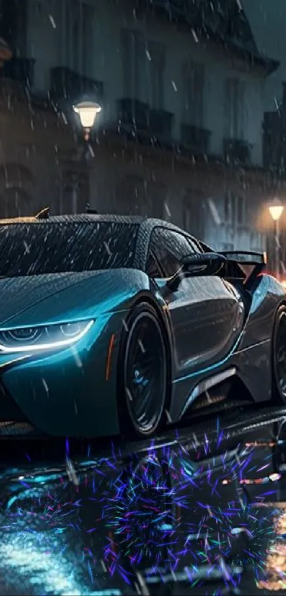 Sleek sports car on a rainy night street with glowing city lights.