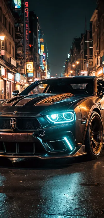 Sleek sports car with headlights on a nighttime city street.