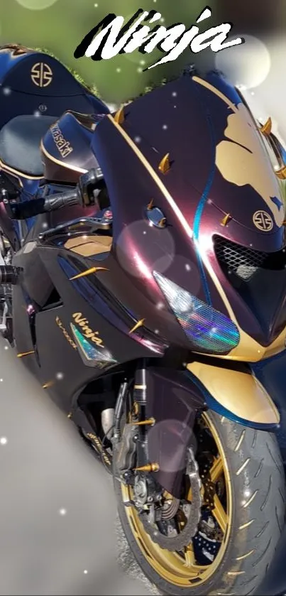 Black and gold Ninja motorcycle with sleek design.