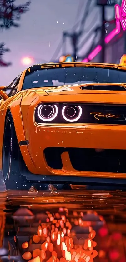 Orange car with neon lights in urban setting at night.