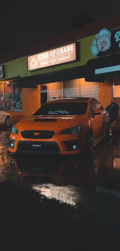 Sleek orange sports car under neon lights at night.