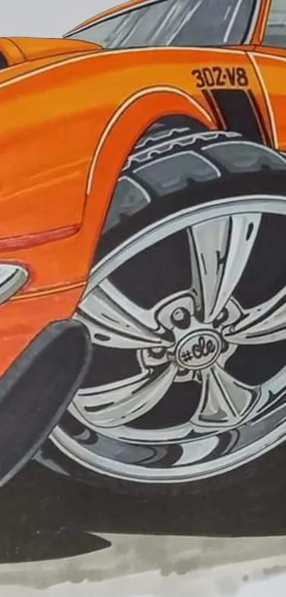 Illustrative orange car with chrome wheels wallpaper.