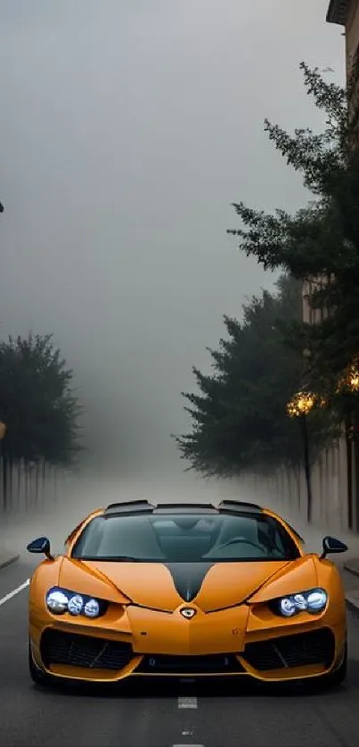 Orange sports car on a foggy urban street