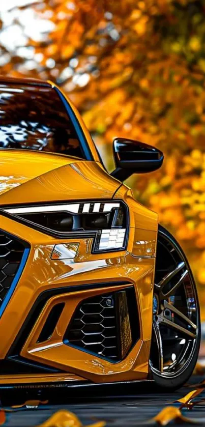 Yellow car with autumn leaves background.
