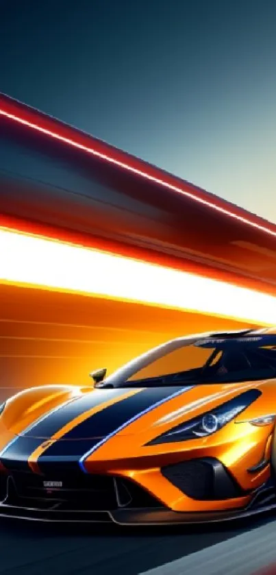 Sleek orange racing car speeding on vibrant track wallpaper.