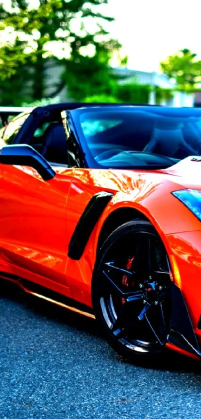 Vibrant orange sports car on a scenic road.