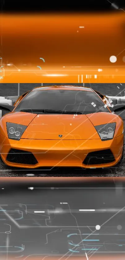 Futuristic orange sports car wallpaper with high-tech design elements.