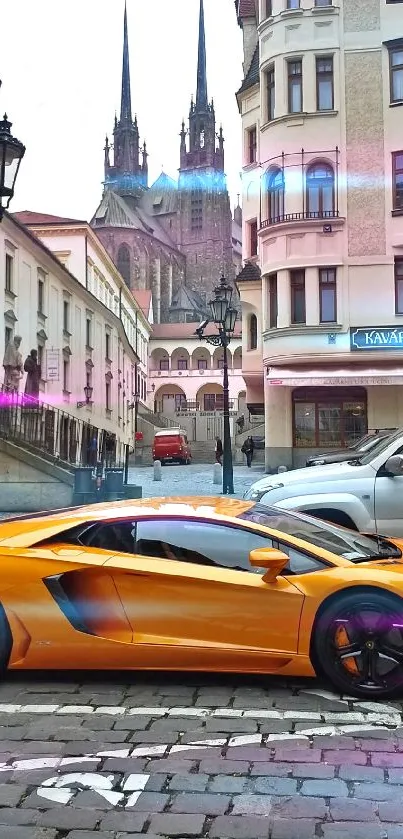 Orange sports car parked on cobblestone street with historic buildings.