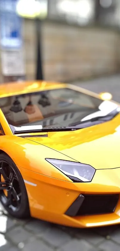 Bold orange sports car parked in a city setting.