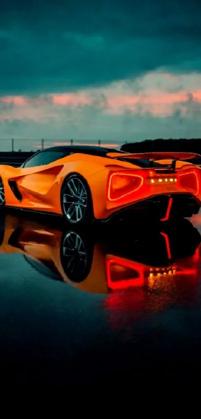 Orange sports car reflecting on wet pavement at sunset.