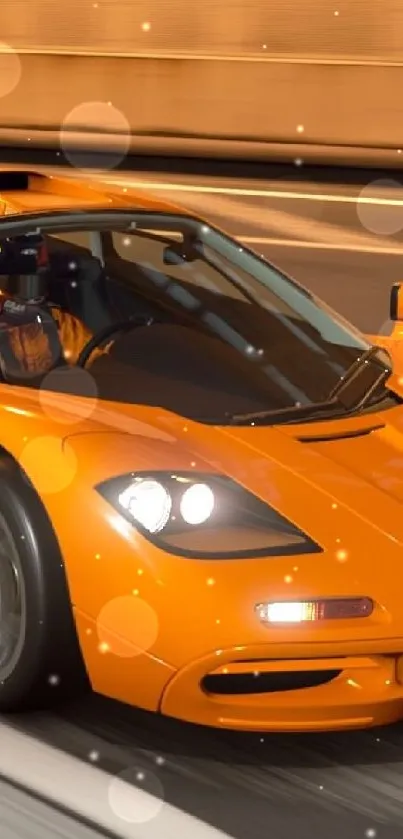 A sleek orange sports car speeding on a road.