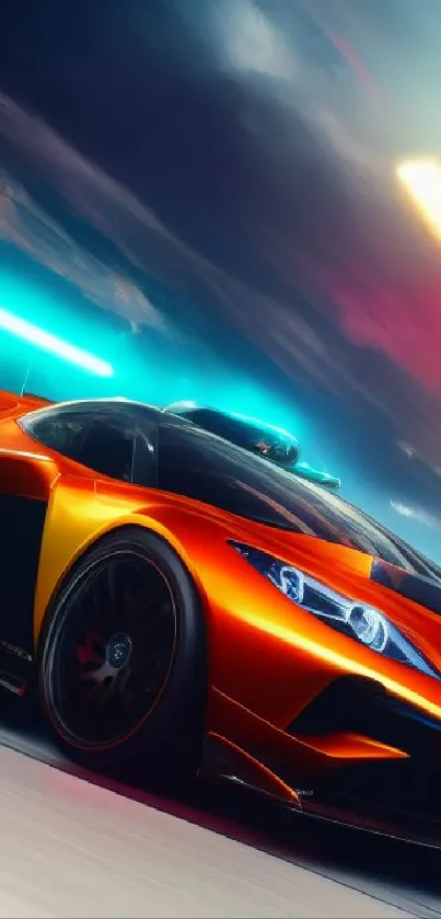 Sleek orange sports car racing in dynamic motion blur.