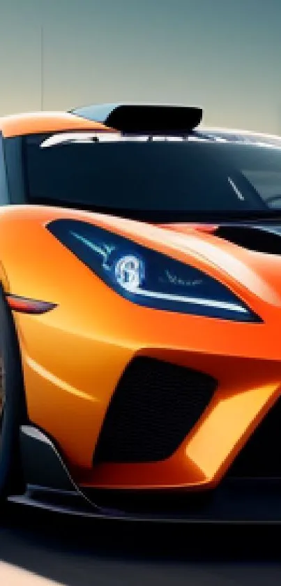 Sleek orange sports car on a racetrack with dynamic design elements.